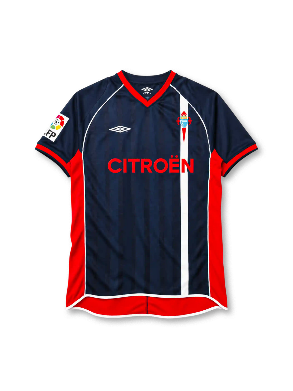 Celta Vigo 2001-02 away jersey in navy with Citroen sponsor and red side panels