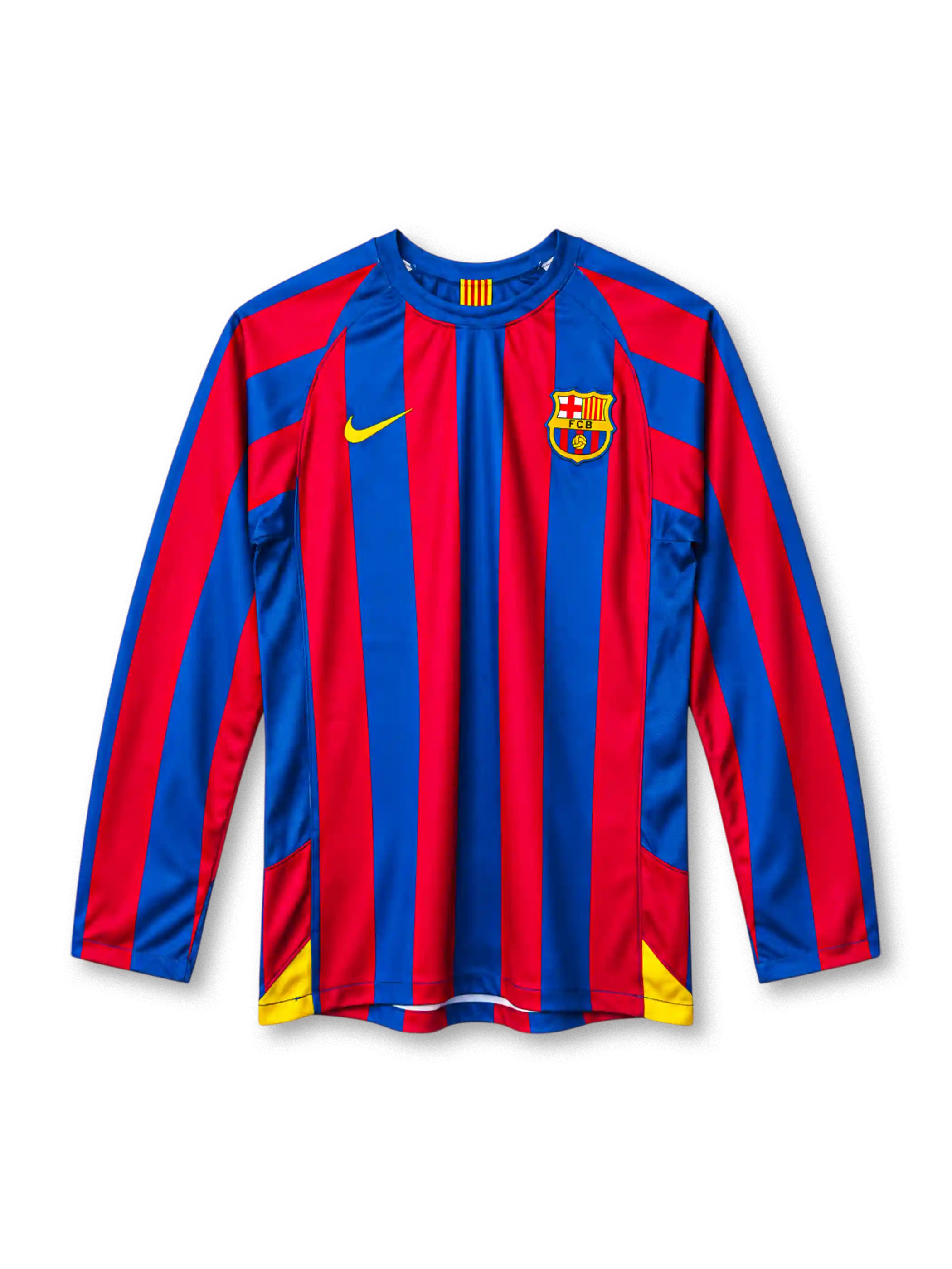 FC Barcelona 2005-06 long-sleeve home jersey in blue and red stripes with Catalan flag collar detail