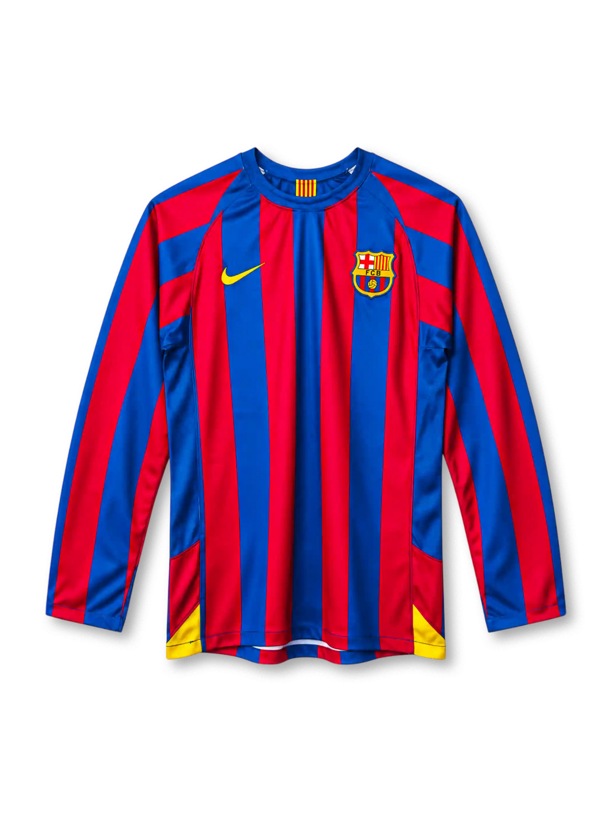 FC Barcelona 2005-06 long-sleeve home jersey in blue and red stripes with Catalan flag collar detail