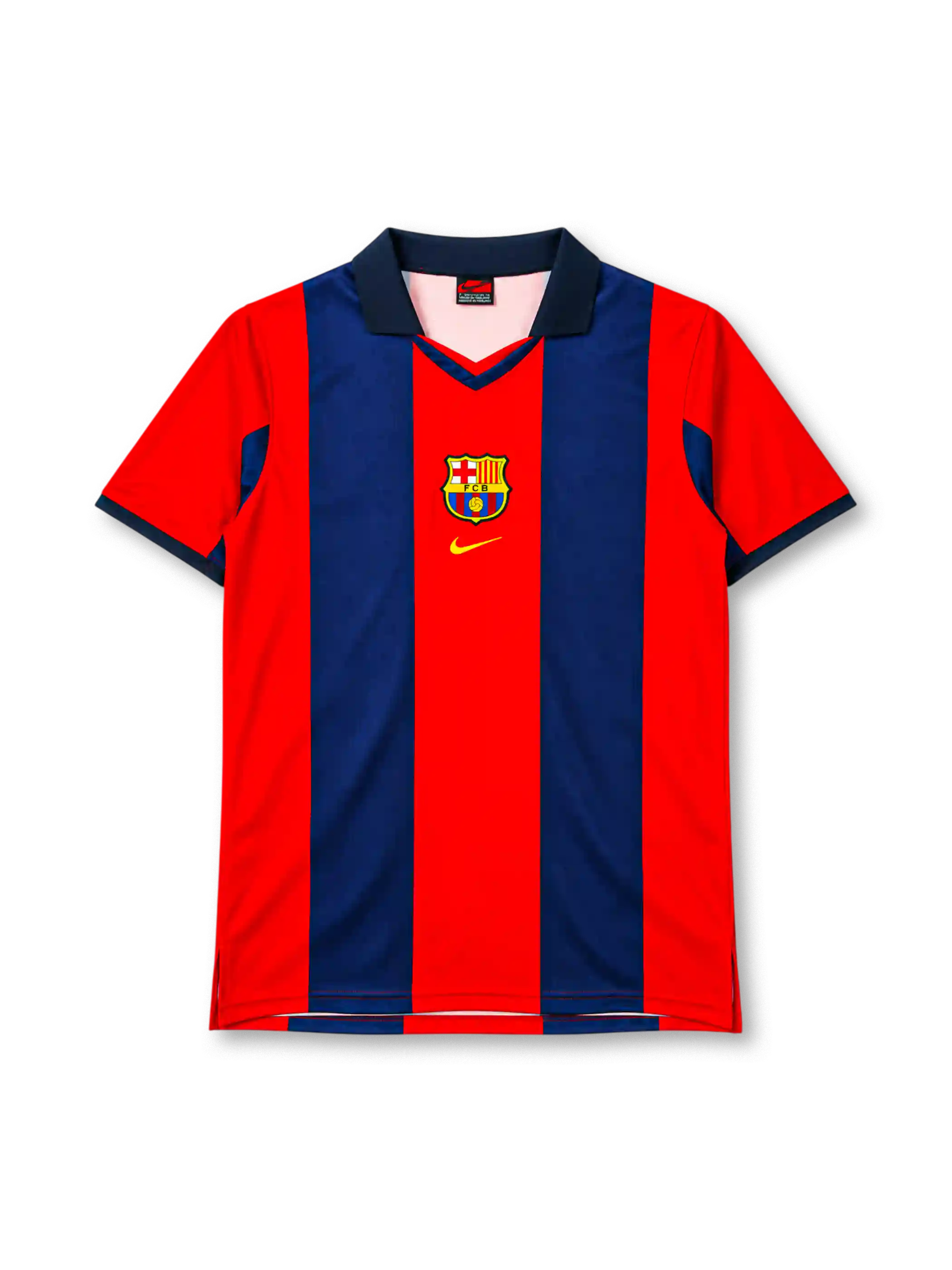 FC Barcelona 1998-99 home jersey in red and navy stripes with polo collar