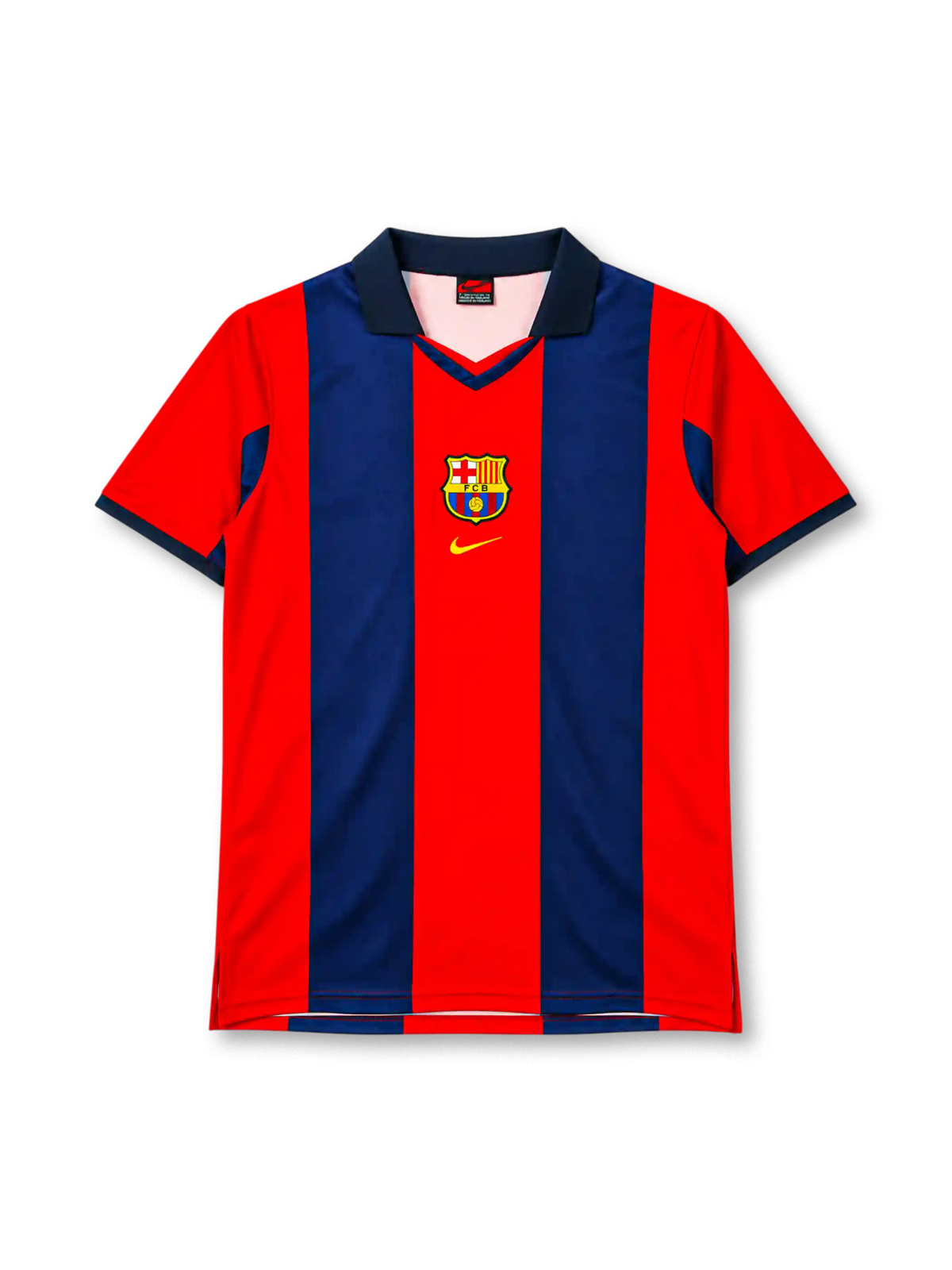 FC Barcelona 1998-99 home jersey in red and navy stripes with polo collar