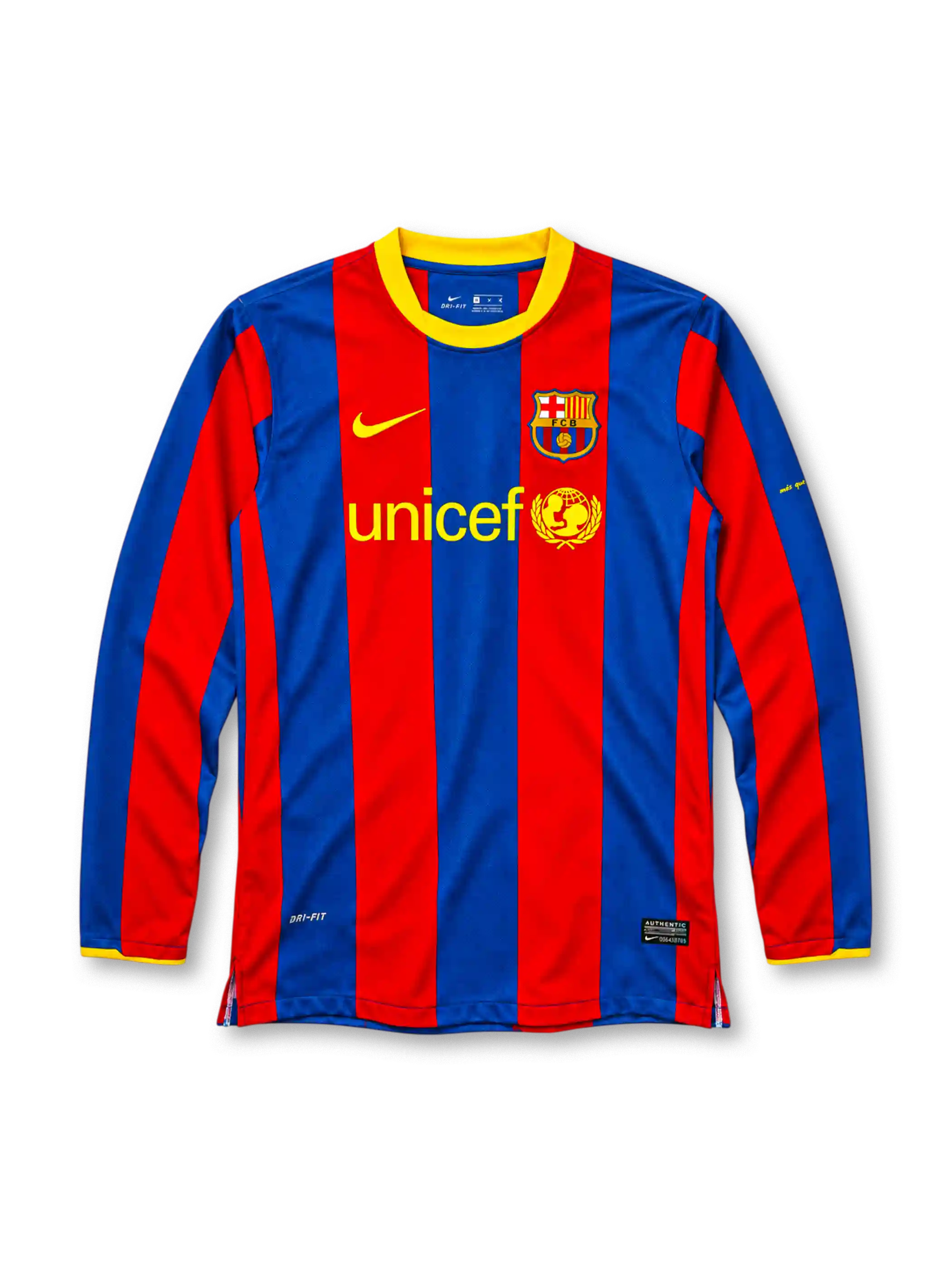 FC Barcelona 2010-11 long-sleeve home jersey with UNICEF sponsor and yellow collar trim