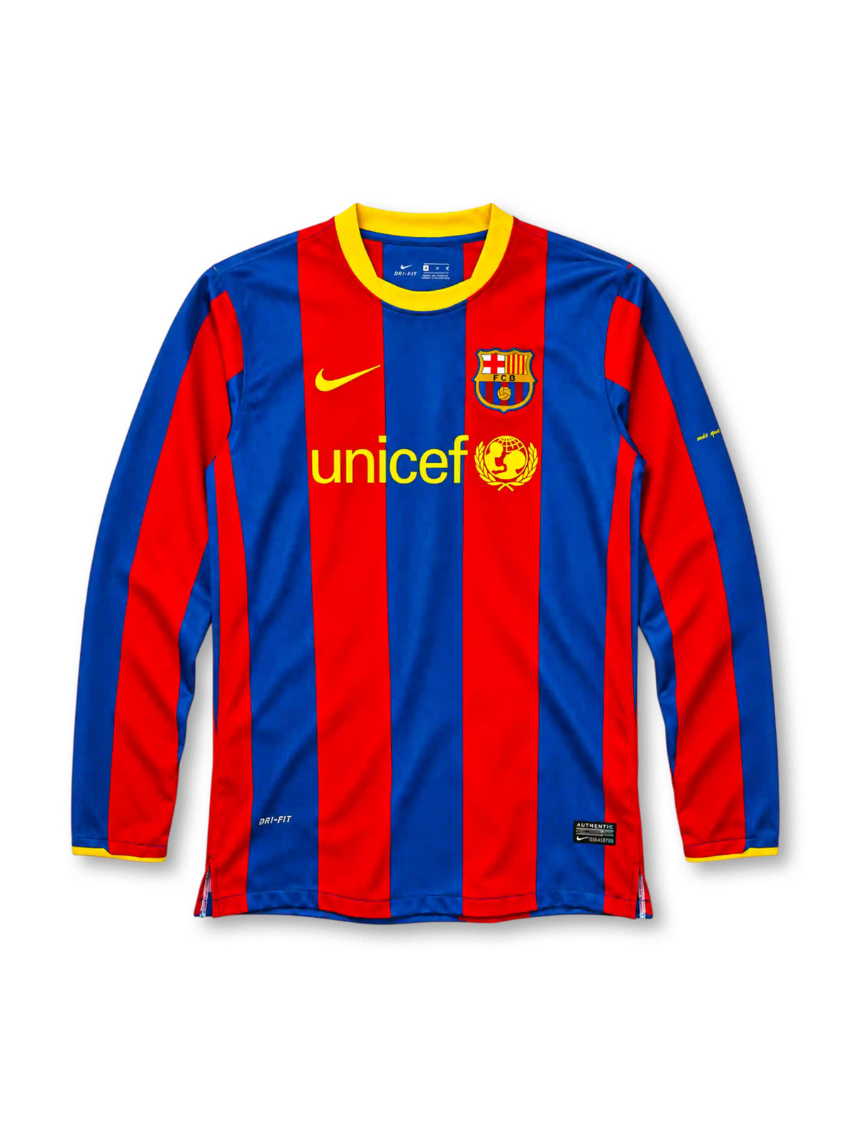 FC Barcelona 2010-11 long-sleeve home jersey with UNICEF sponsor and yellow collar trim