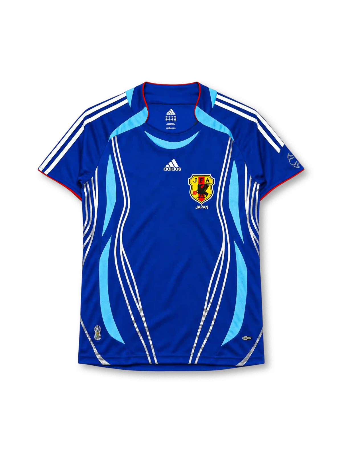 Japan 2006-07 home jersey in blue with flame graphics and JFA crest