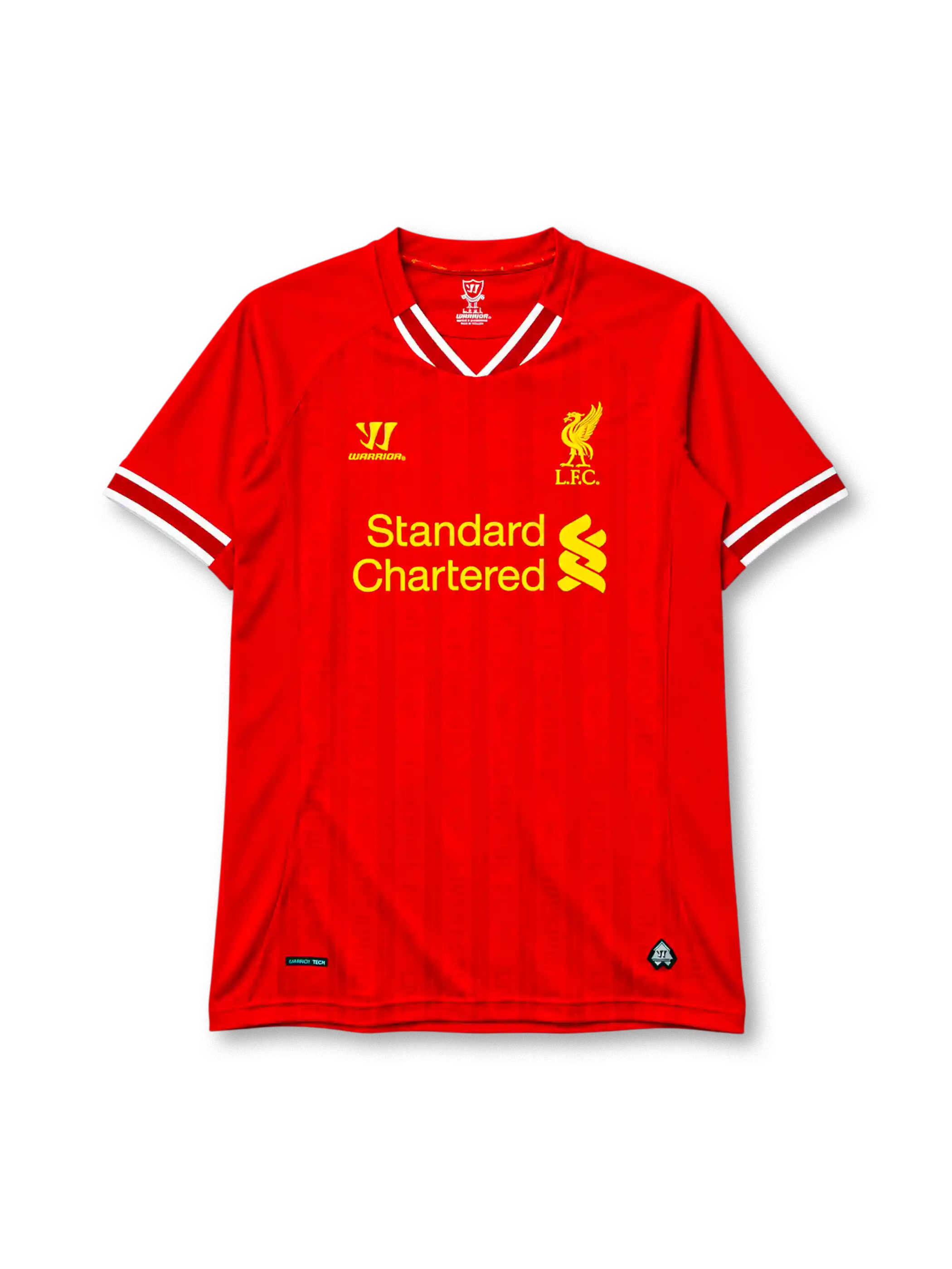 Liverpool 2013-14 home jersey in red with Standard Chartered sponsor and striped collar
