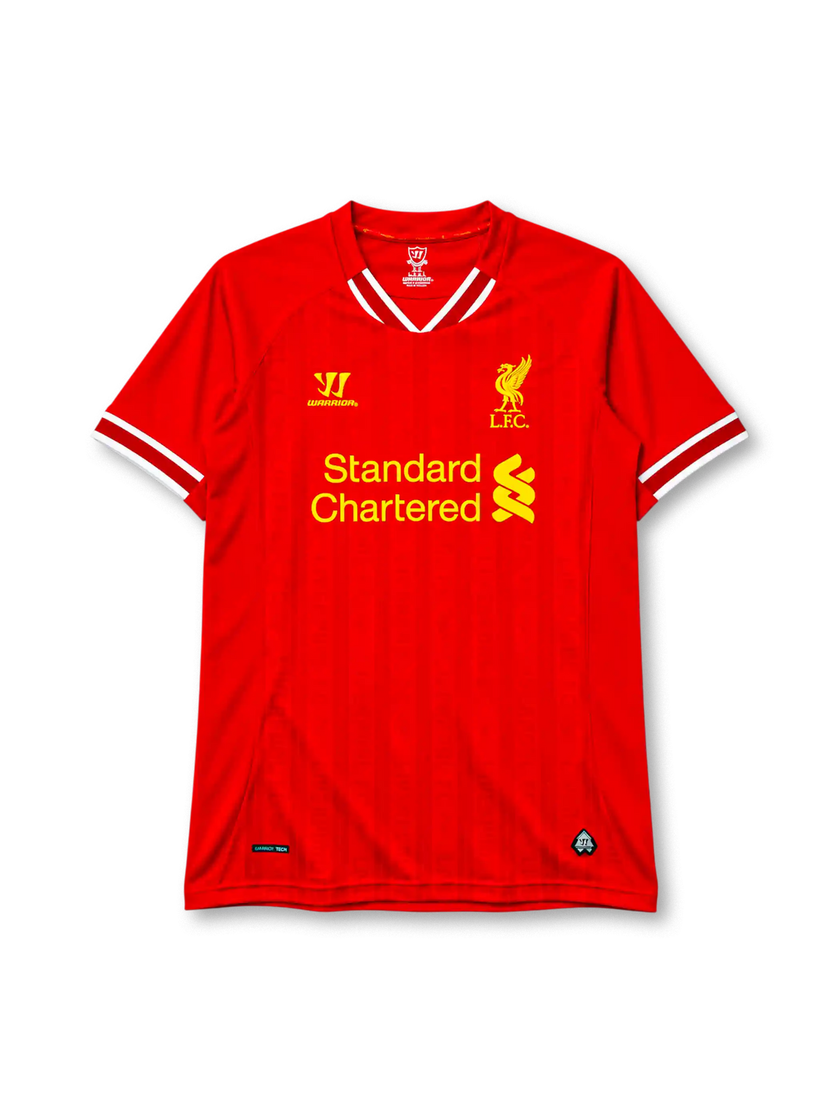 Liverpool 2013-14 home jersey in red with Standard Chartered sponsor and striped collar