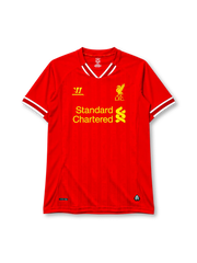 Liverpool 2013-14 home jersey in red with Standard Chartered sponsor and striped collar