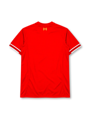 Liverpool 2013-14 home jersey in red with Standard Chartered sponsor and striped collar