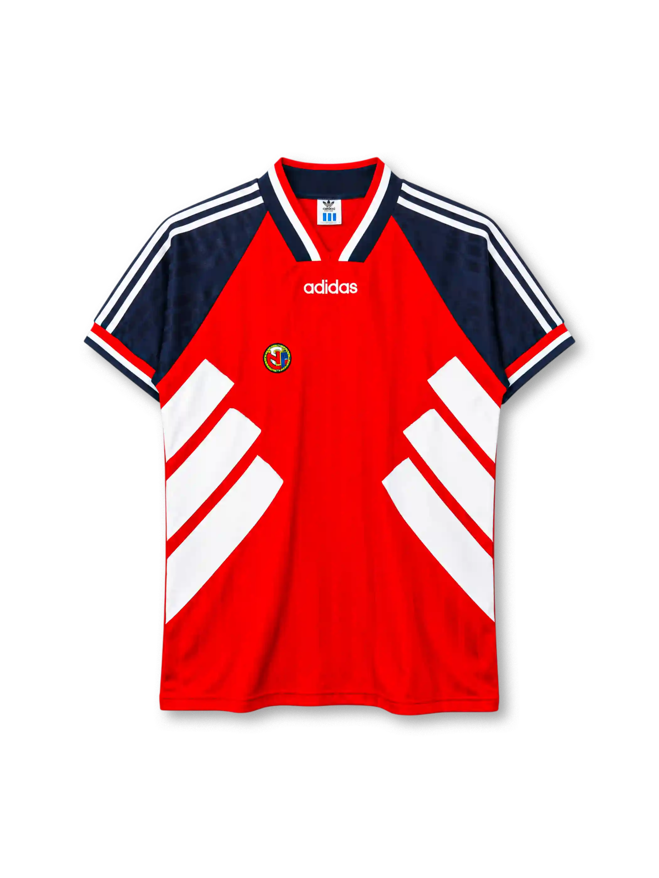 Norway 1994-95 home jersey in red with navy sleeves and white chevron accents