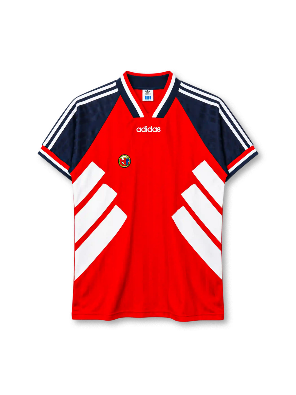 Norway 1994-95 home jersey in red with navy sleeves and white chevron accents