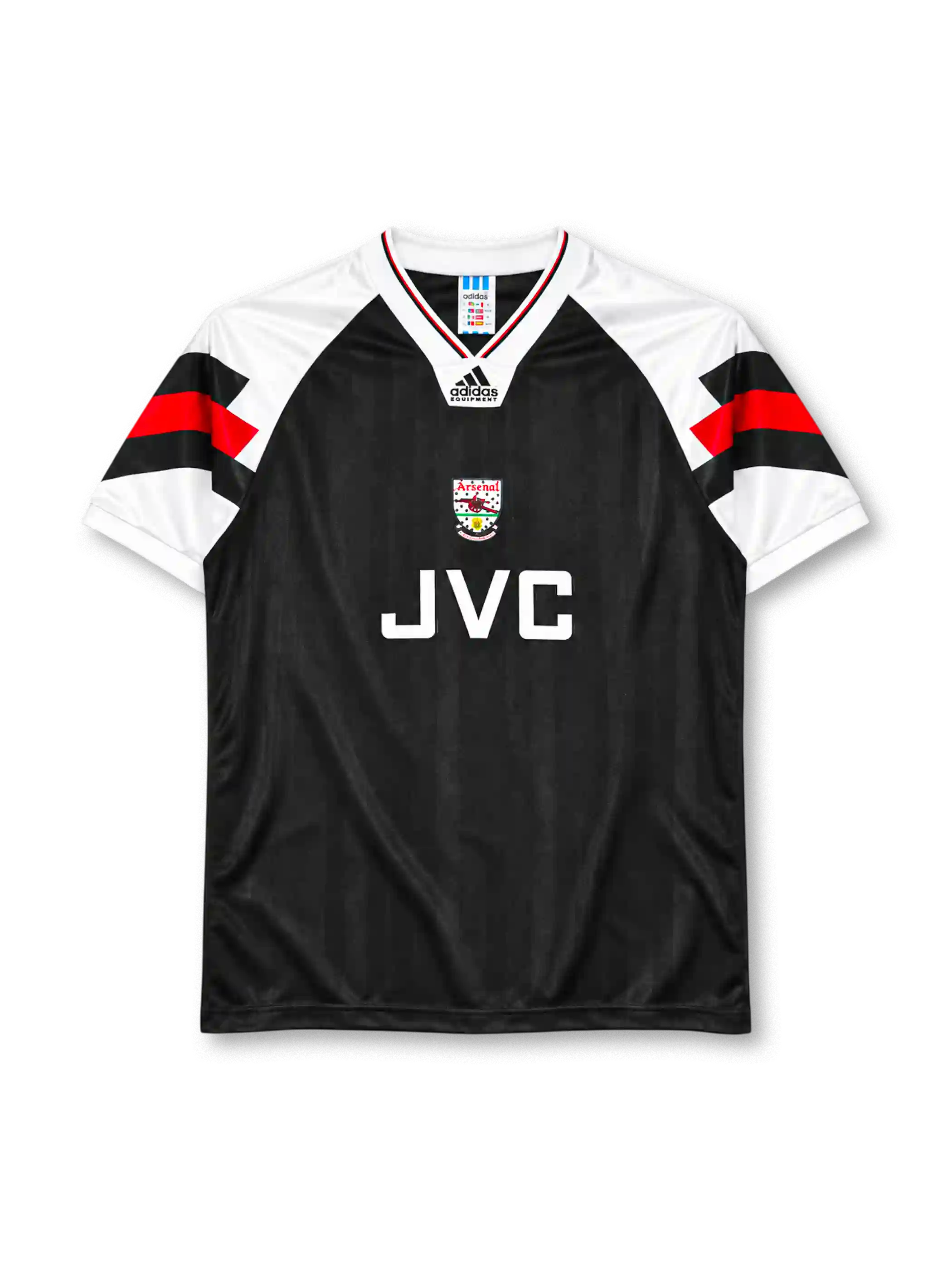 Arsenal 1992-94 away jersey in black with JVC sponsor and white chevron sleeves