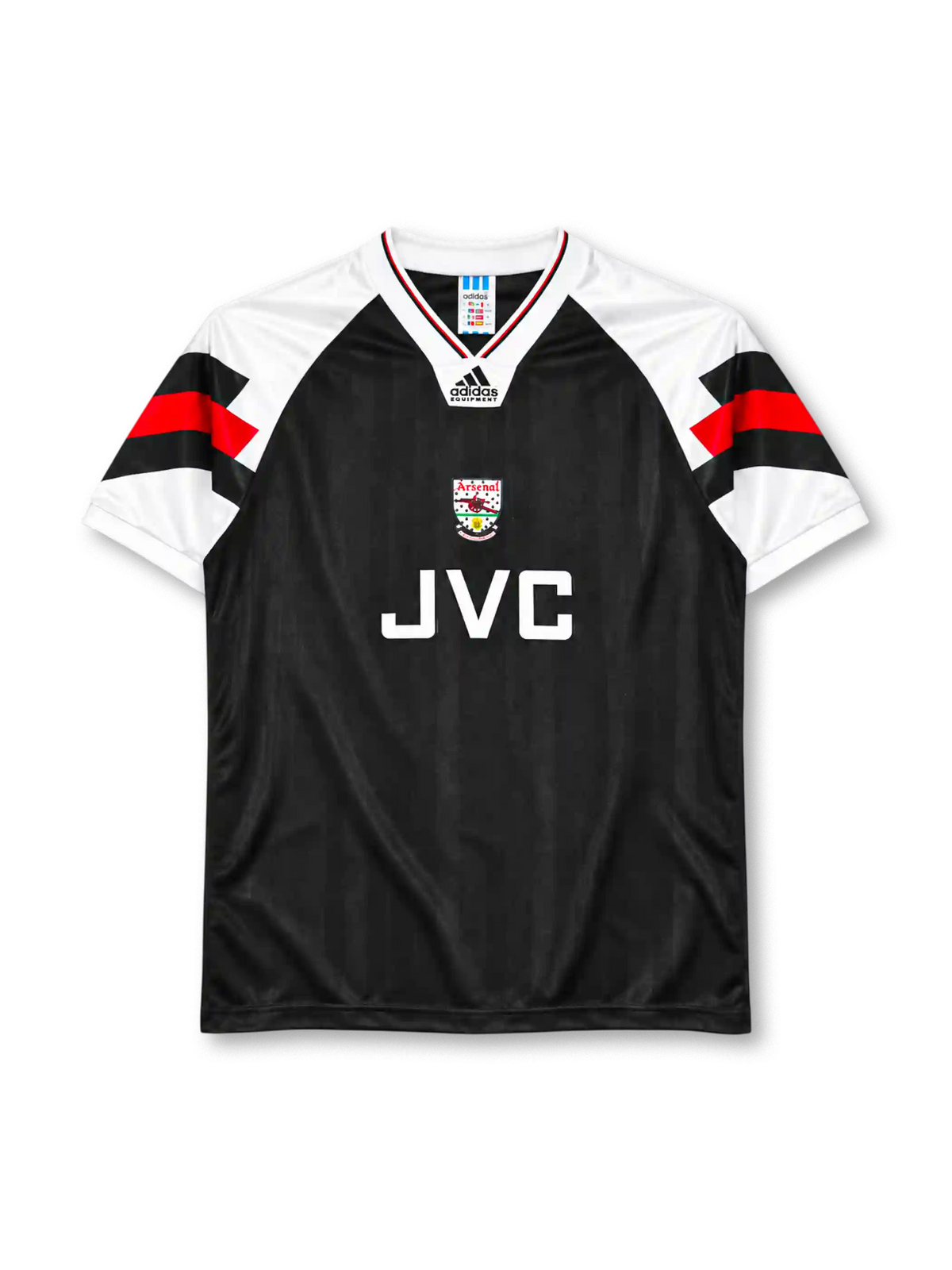 Arsenal 1992-94 away jersey in black with JVC sponsor and white chevron sleeves