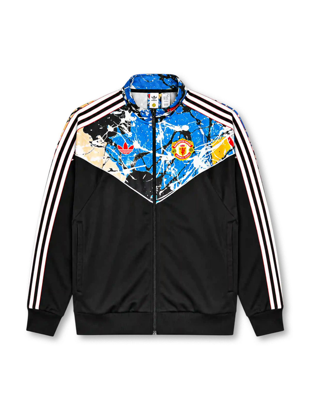 Manchester United x Stone Roses Adidas track jacket in black with paint-splatter print yoke