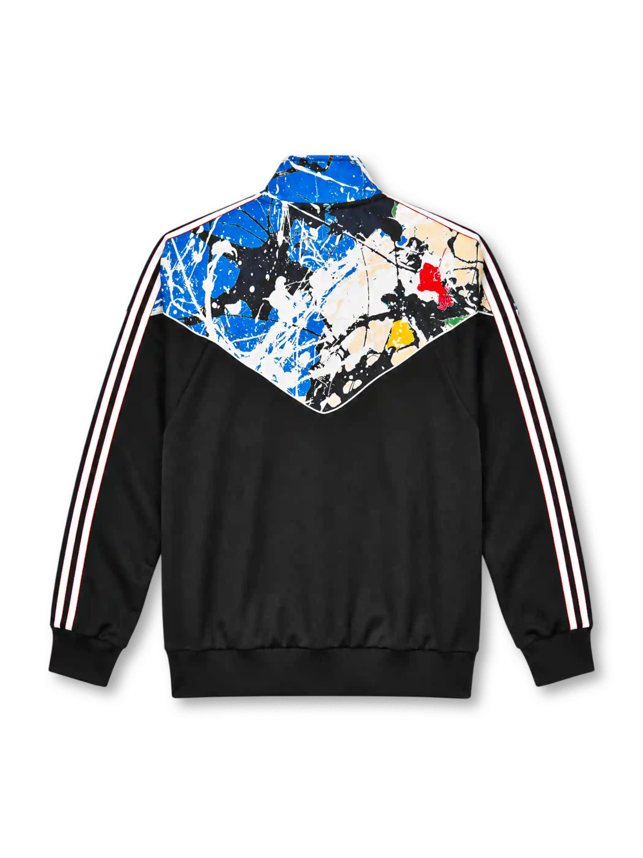 Manchester United x Stone Roses Adidas track jacket in black with paint-splatter print yoke
