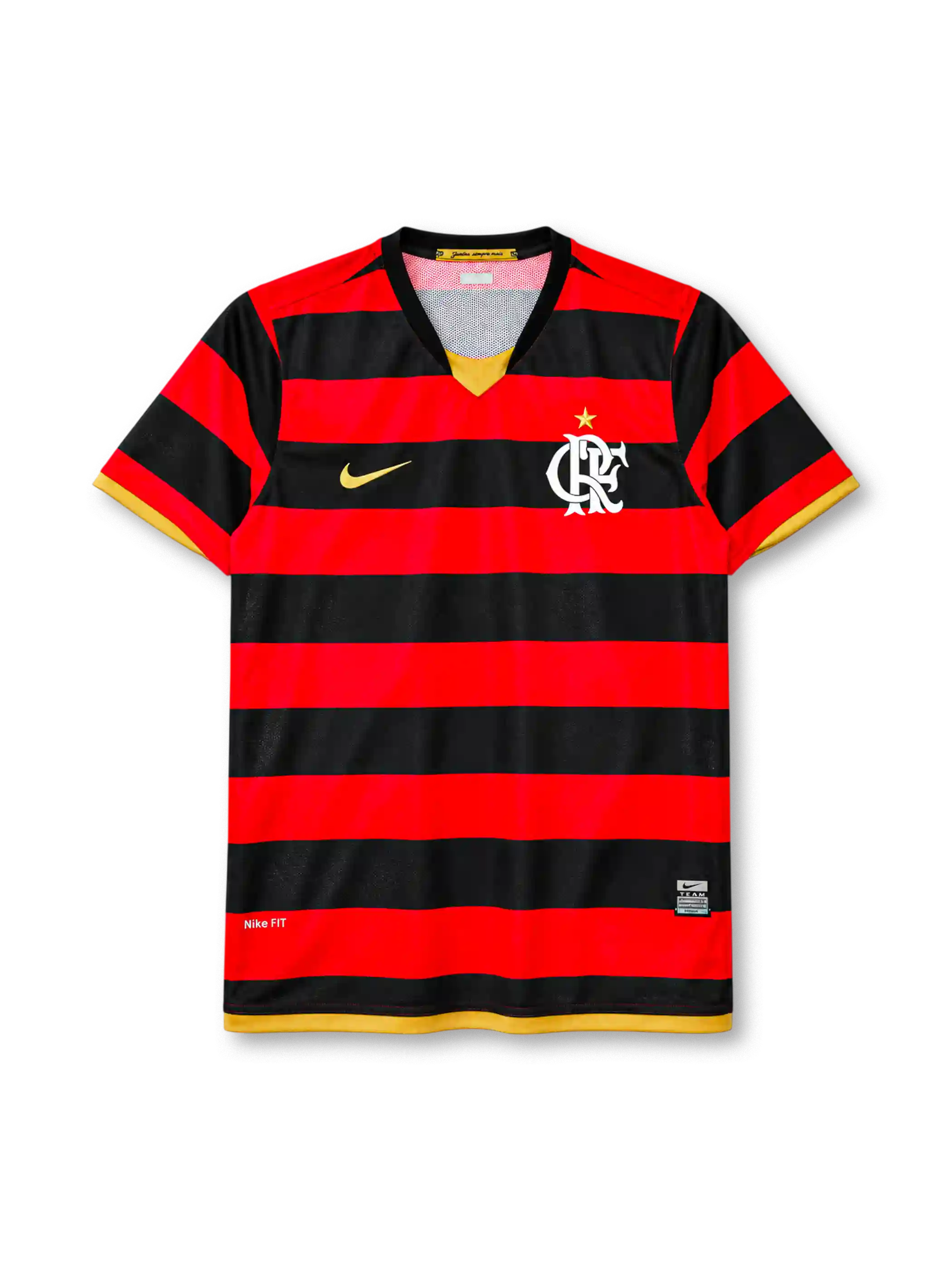 Flamengo 2008 home jersey in red and black hoops with gold trim and CRF crest