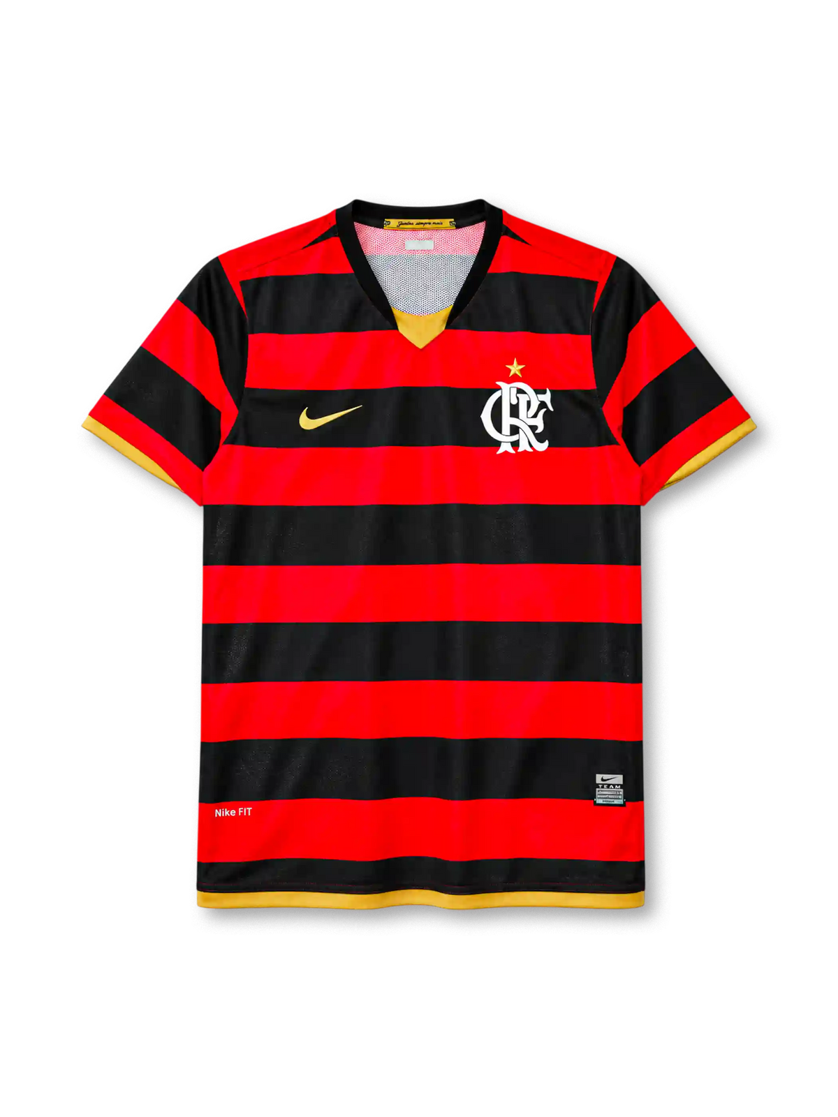 Flamengo 2008 home jersey in red and black hoops with gold trim and CRF crest