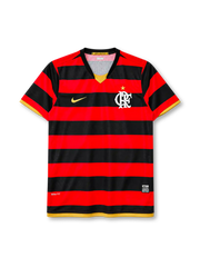 Flamengo 2008 home jersey in red and black hoops with gold trim and CRF crest