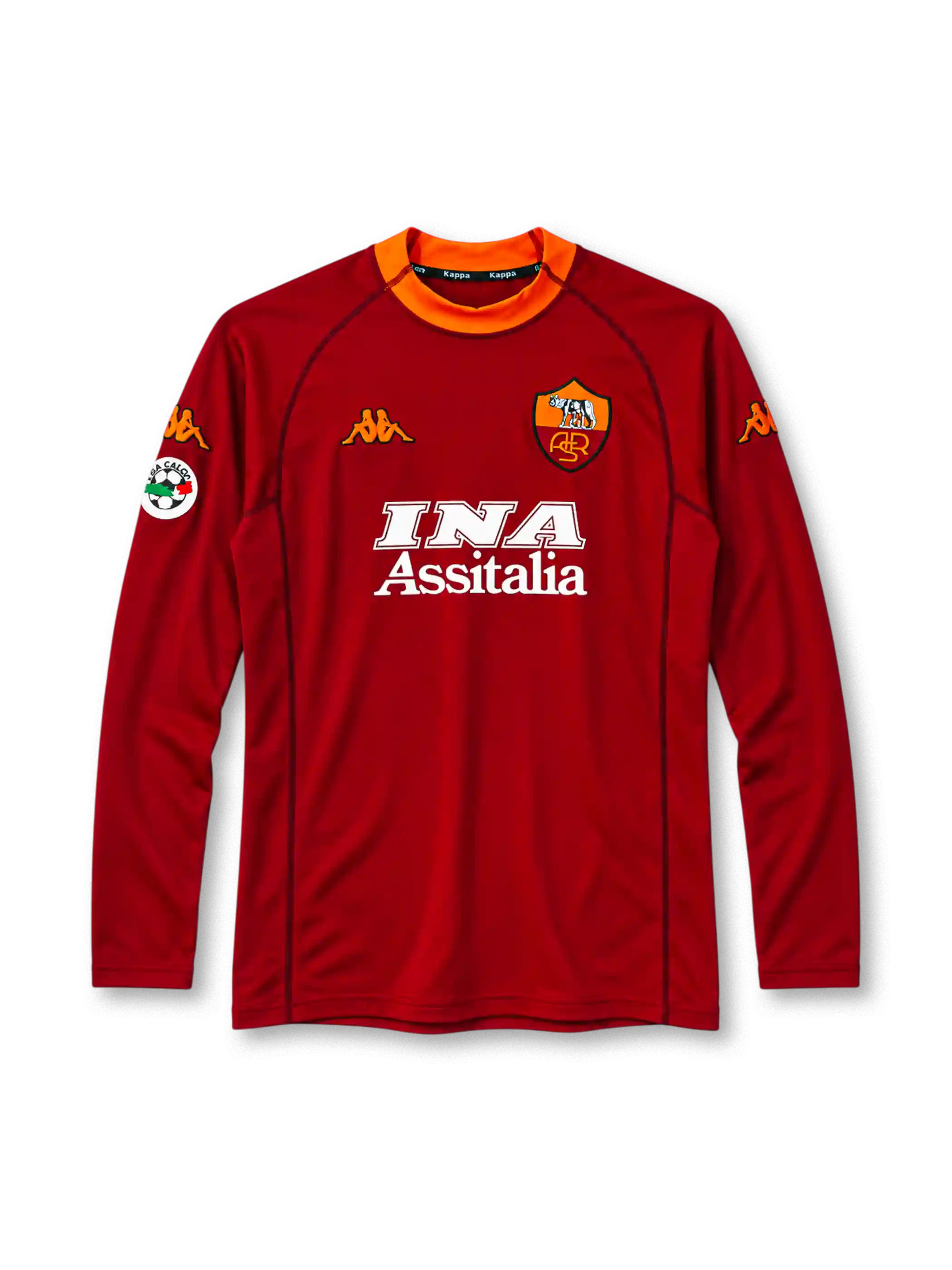 AS Roma 2001-02 long-sleeve home jersey in dark red with INA Assitalia sponsor and orange collar