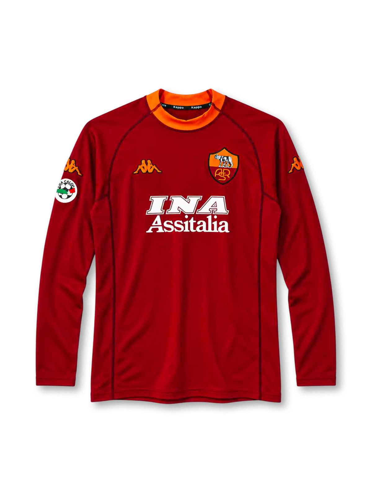 AS Roma 2001-02 long-sleeve home jersey in dark red with INA Assitalia sponsor and orange collar