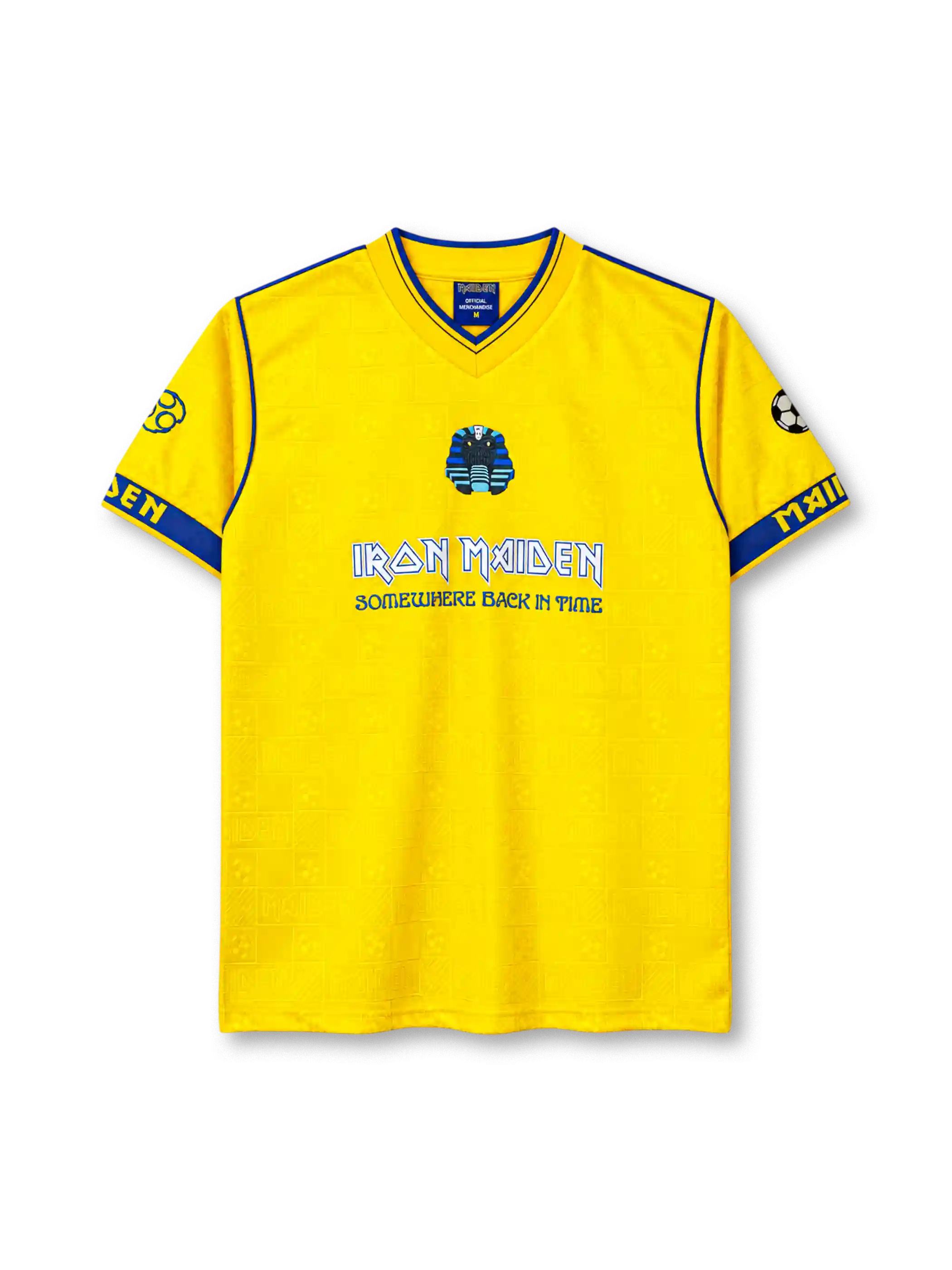 Iron Maiden football-style jersey in yellow with pharaoh Eddie graphic and blue trim