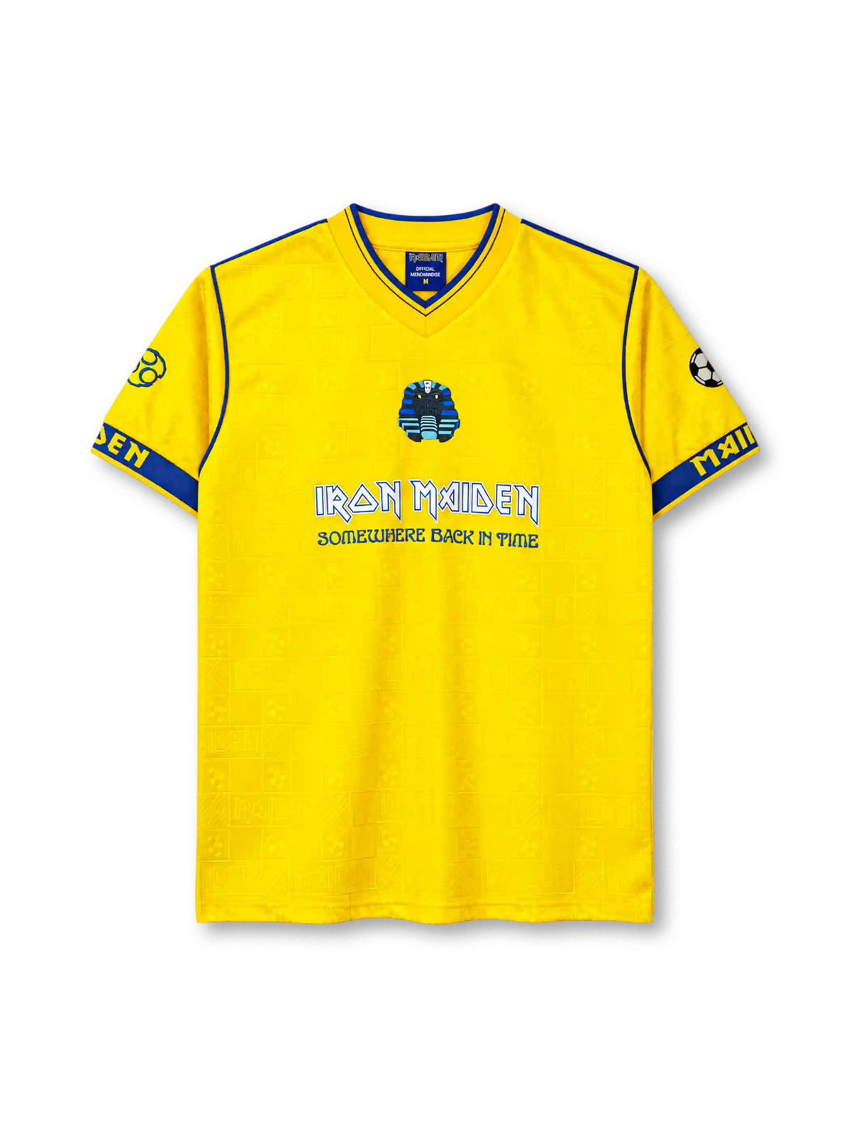 Iron Maiden football-style jersey in yellow with pharaoh Eddie graphic and blue trim