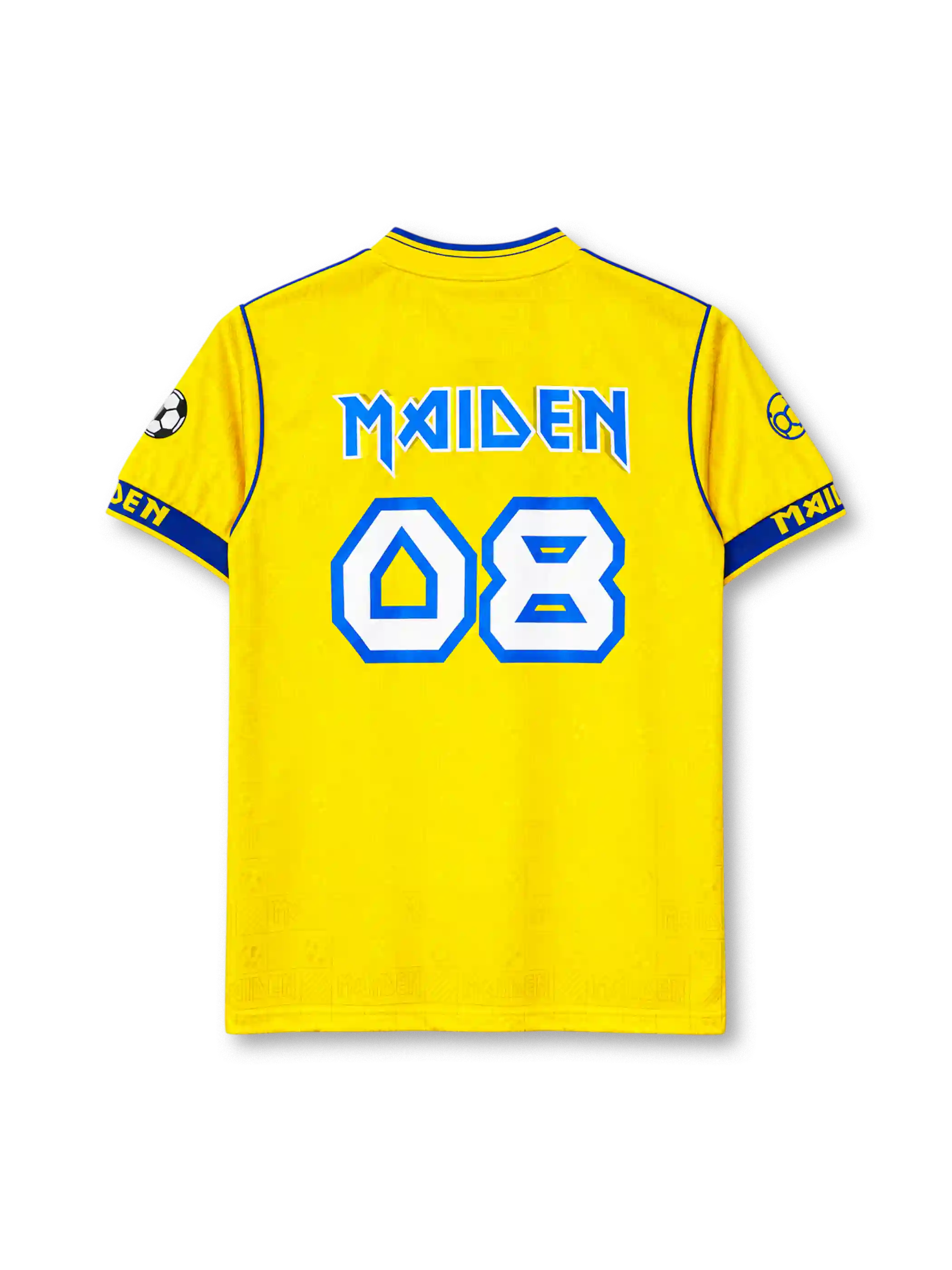 Iron Maiden football-style jersey in yellow with pharaoh Eddie graphic and blue trim