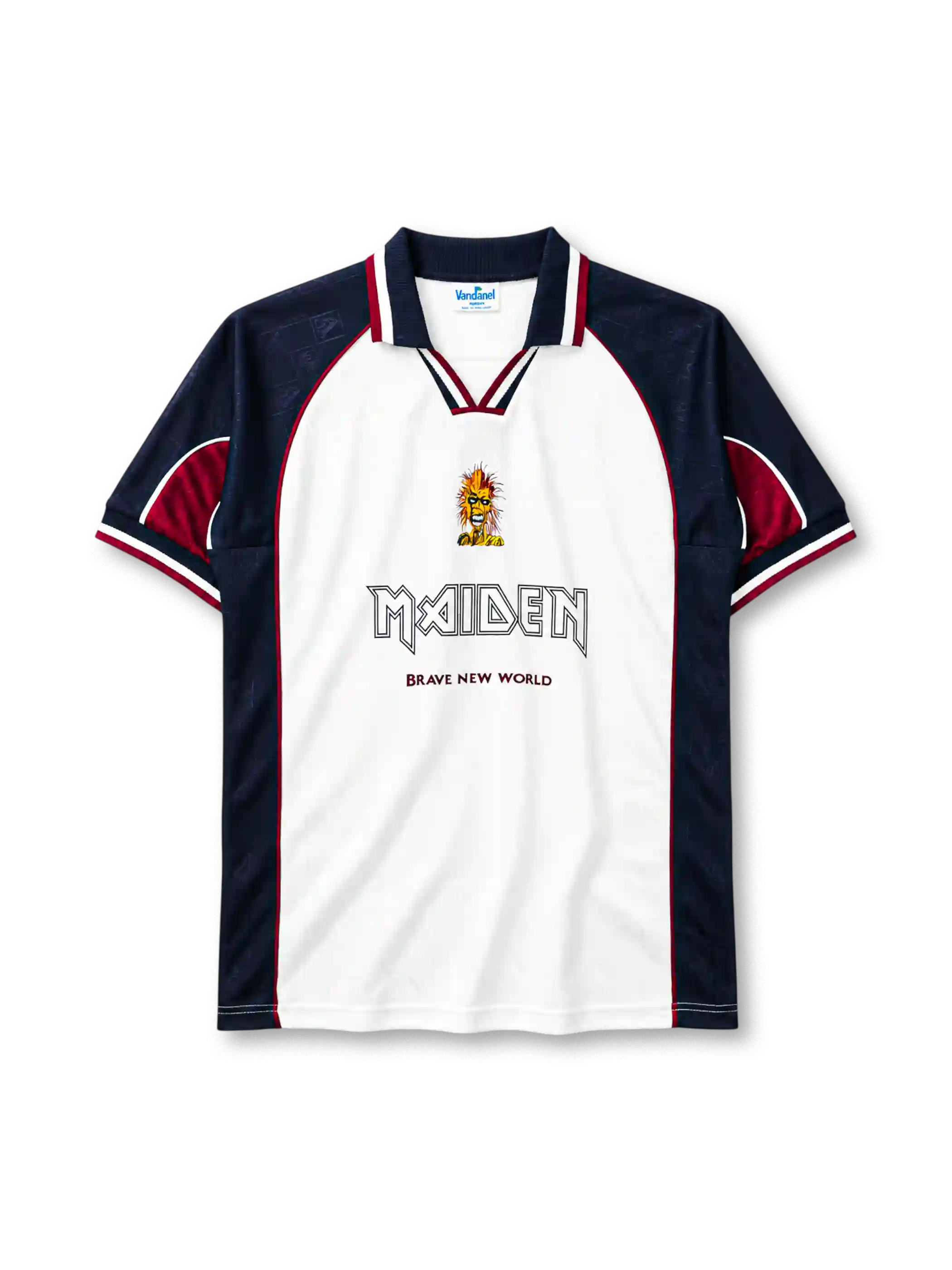 West Ham United 1999 away jersey in white and navy with Iron Maiden branding