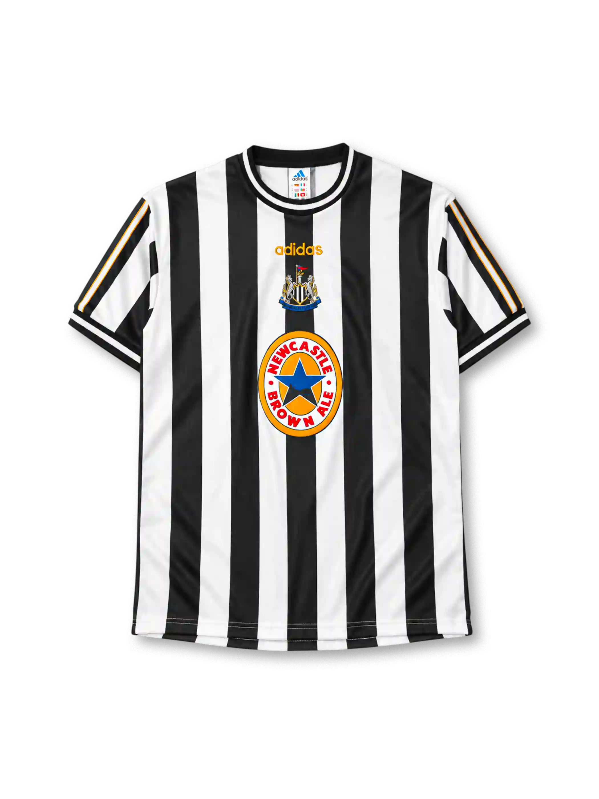 Newcastle United 1997-99 home jersey in black and white stripes with Newcastle Brown Ale sponsor