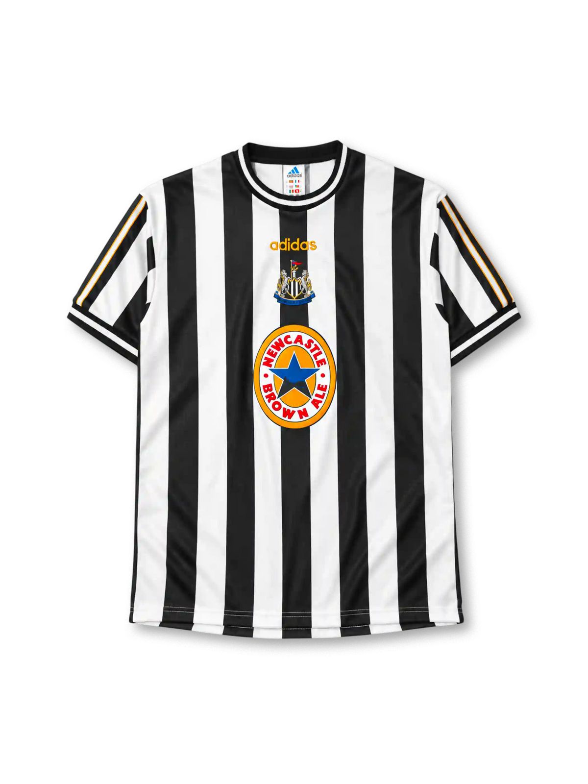 Newcastle United 1997-99 home jersey in black and white stripes with Newcastle Brown Ale sponsor
