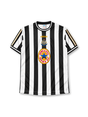 Newcastle United 1997-99 home jersey in black and white stripes with Newcastle Brown Ale sponsor