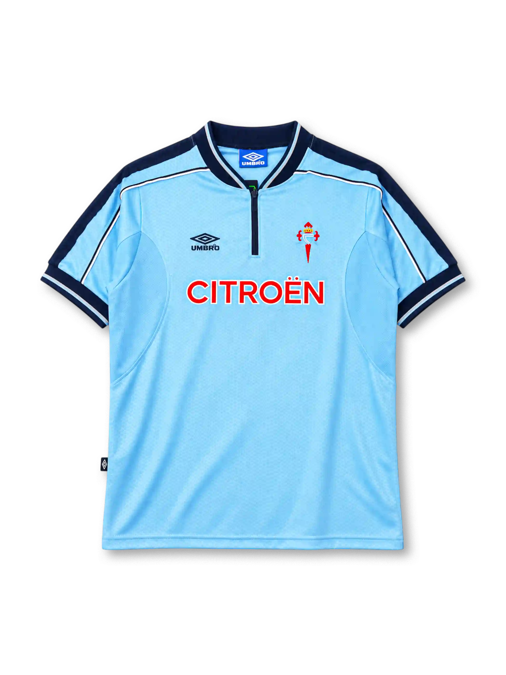 Celta Vigo 1999-00 home jersey in sky blue with Citroen sponsor and zip collar