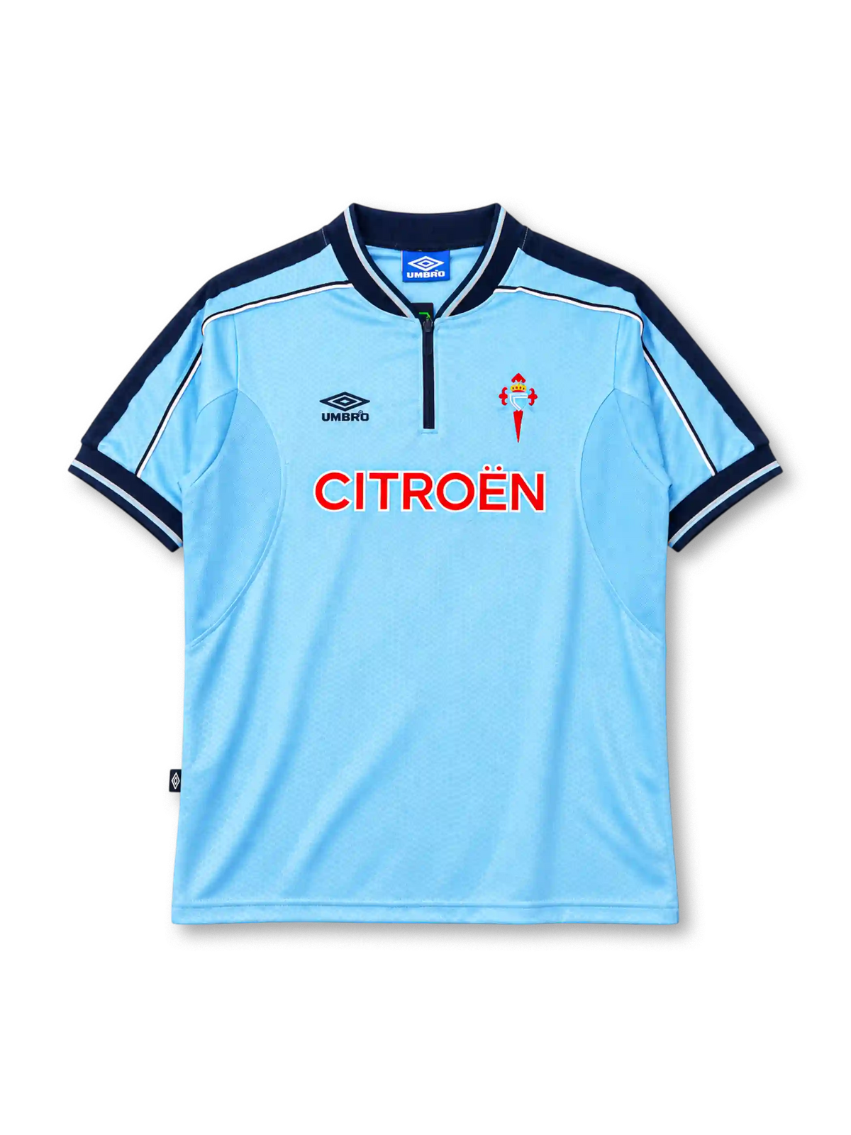 Celta Vigo 1999-00 home jersey in sky blue with Citroen sponsor and zip collar