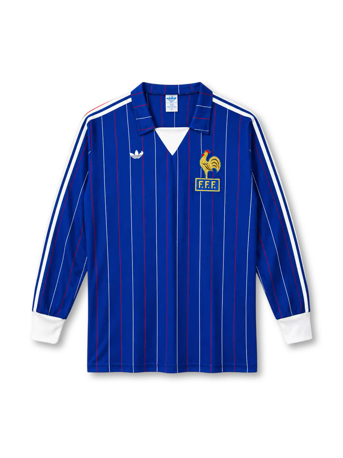 France 1980-82 long-sleeve home jersey in blue with pinstripes and FFF rooster crest