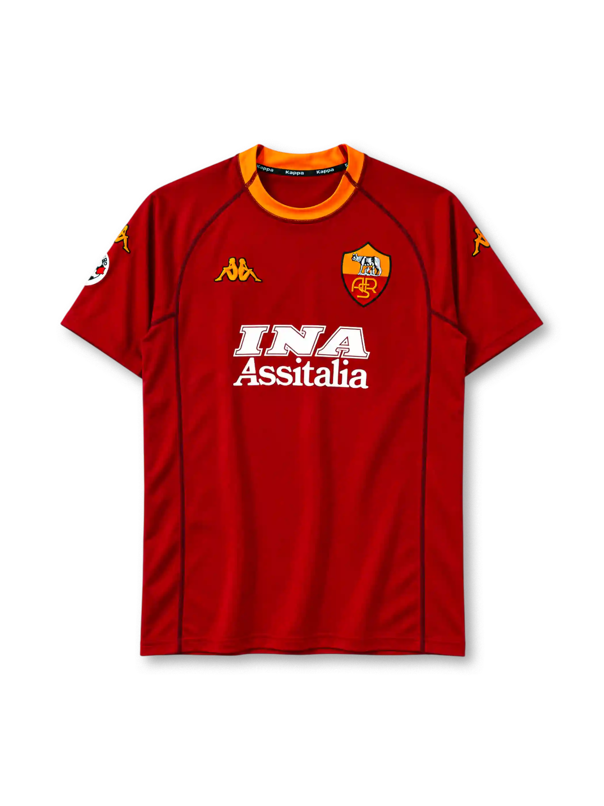 AS Roma 2001-02 home jersey in dark red with INA Assitalia sponsor and orange collar