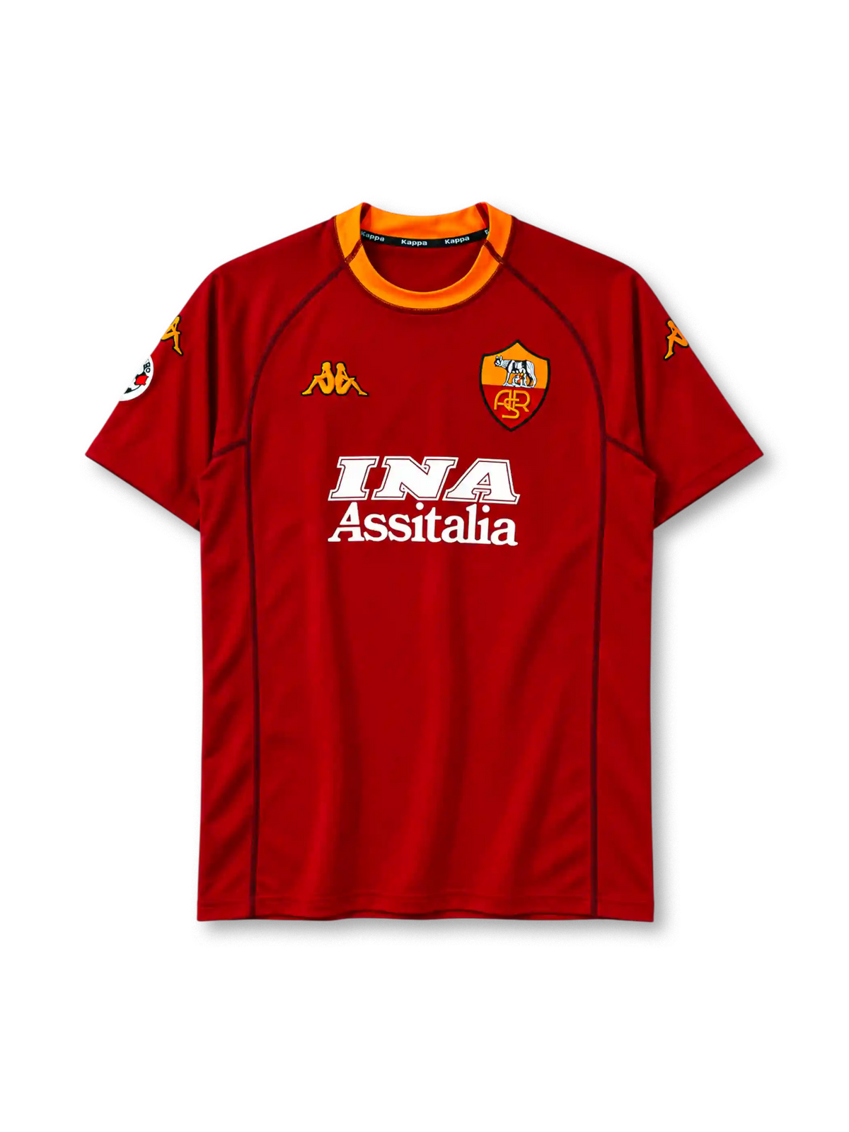 AS Roma 2001-02 home jersey in dark red with INA Assitalia sponsor and orange collar