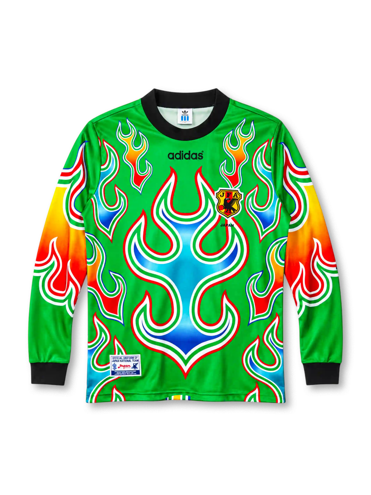 Japan 1998 goalkeeper jersey in green with flame graphic and JFA crest