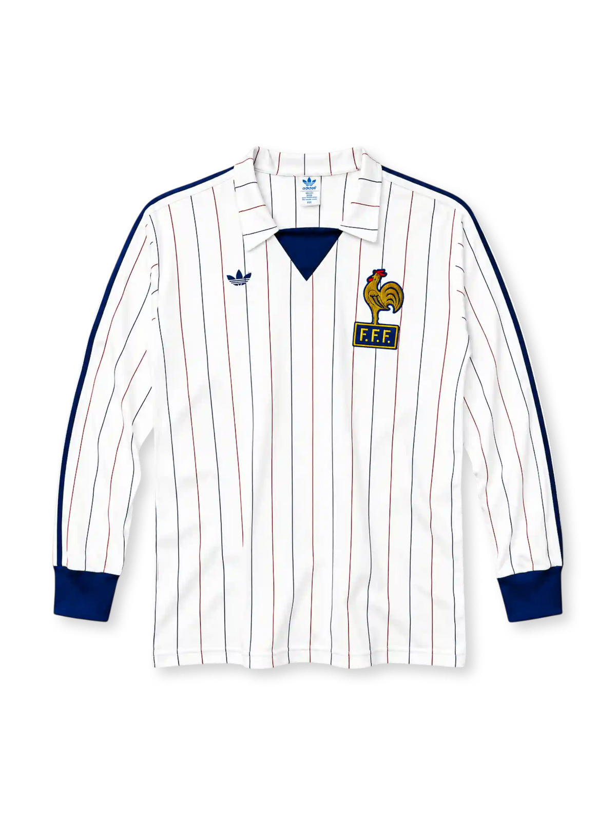 France 1980-82 long-sleeve away jersey in white with pinstripes and FFF rooster crest