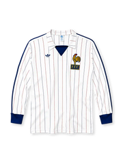 France 1980-82 long-sleeve away jersey in white with pinstripes and FFF rooster crest