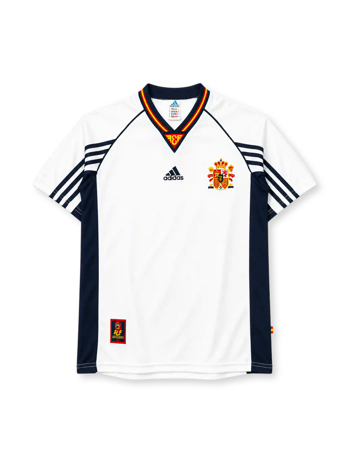 Spain 1998 away jersey in white with navy panels and Spanish federation crest