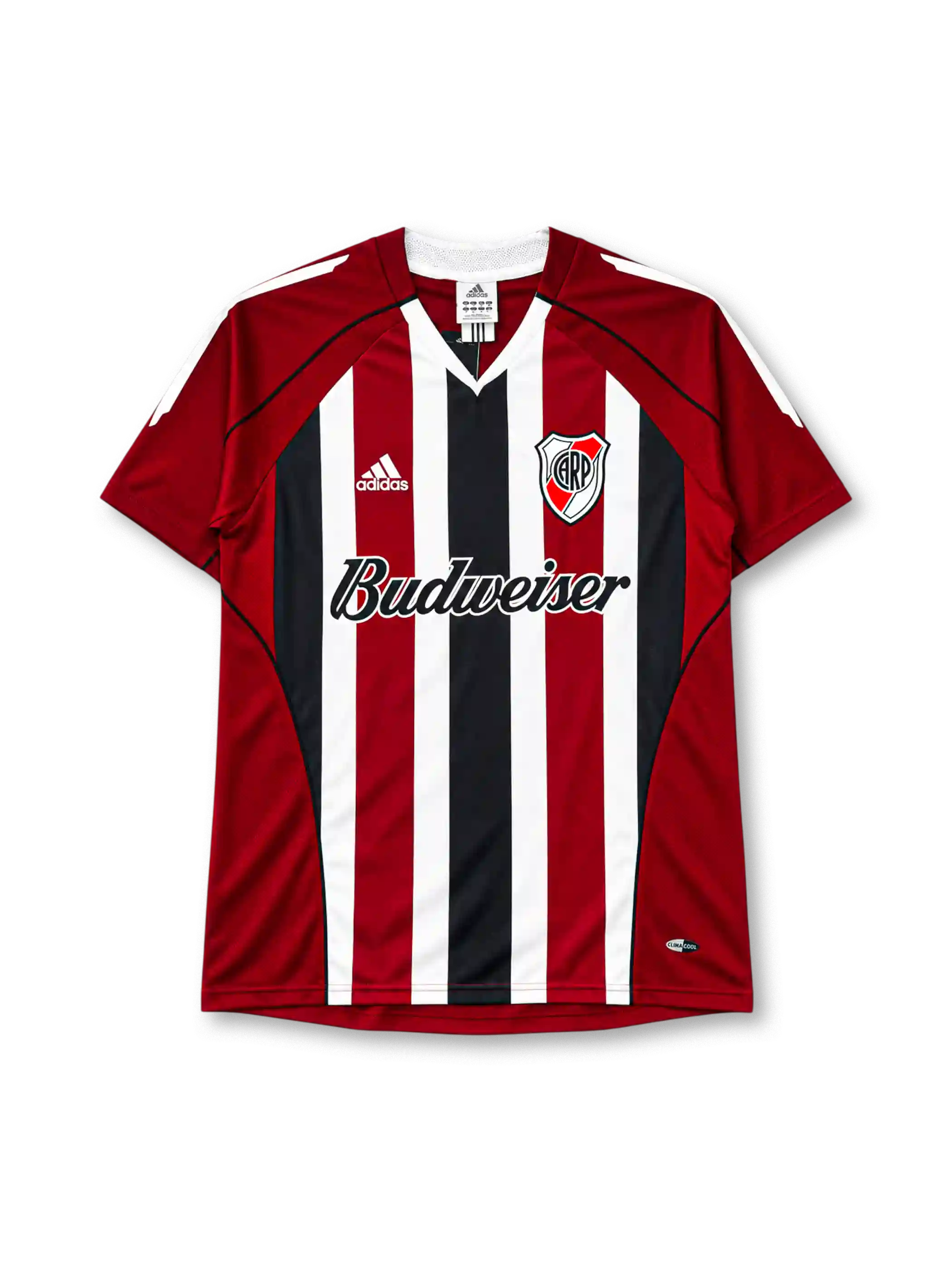 River Plate 2005-06 away jersey in red black and white stripes with Budweiser sponsor