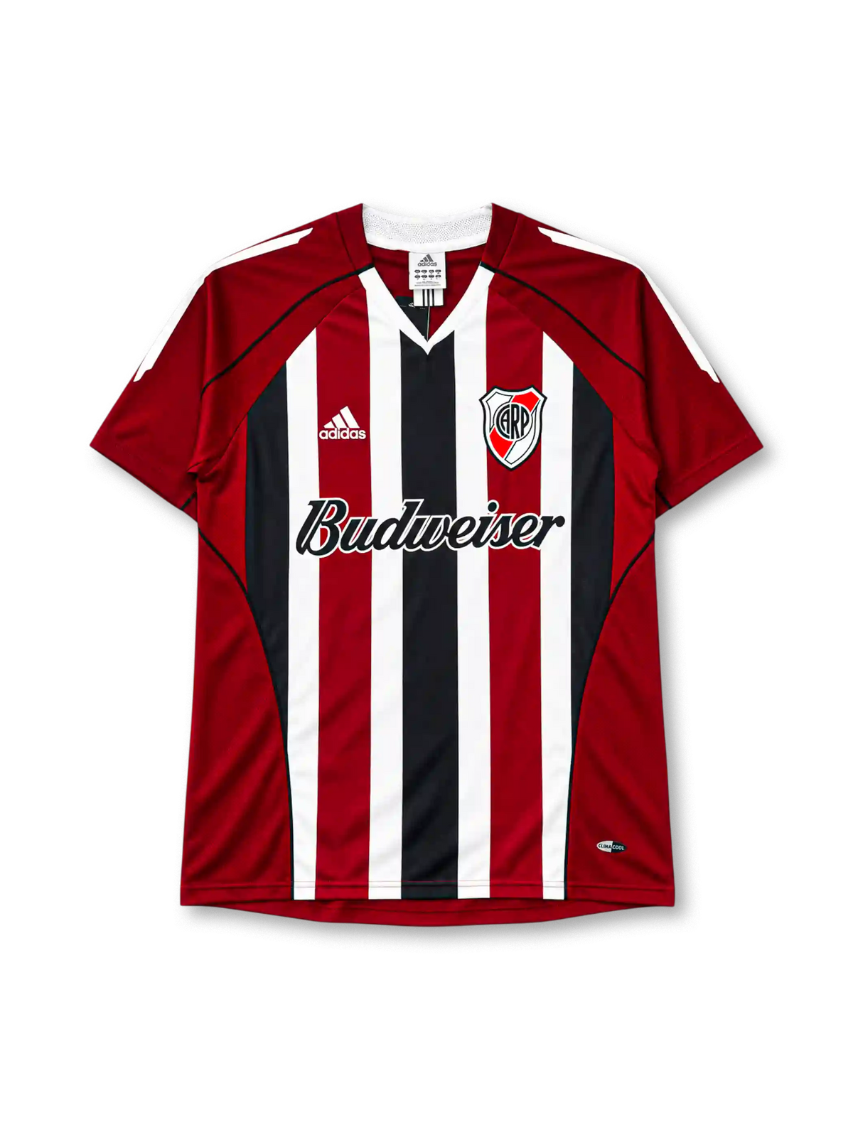 River Plate 2005-06 away jersey in red black and white stripes with Budweiser sponsor
