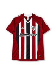 River Plate 2005-06 away jersey in red black and white stripes with Budweiser sponsor