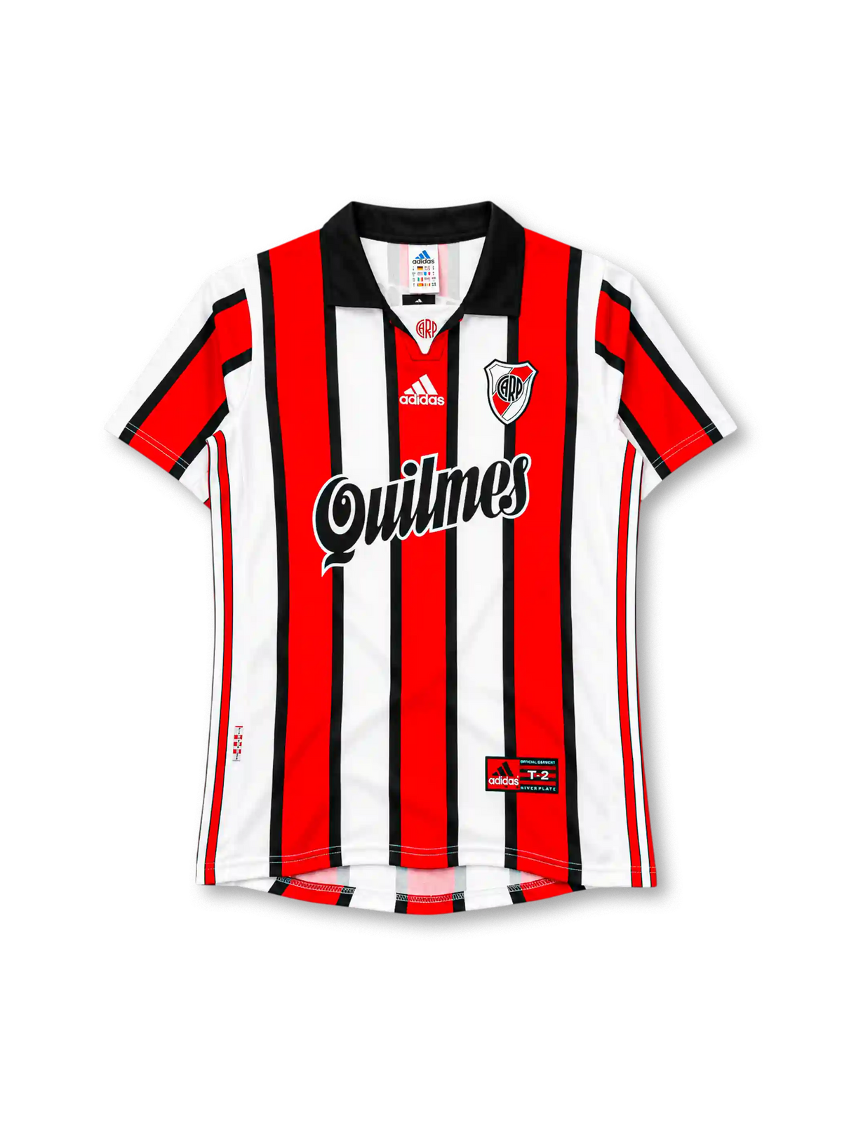River Plate 1999-00 away jersey in red black and white stripes with Quilmes sponsor