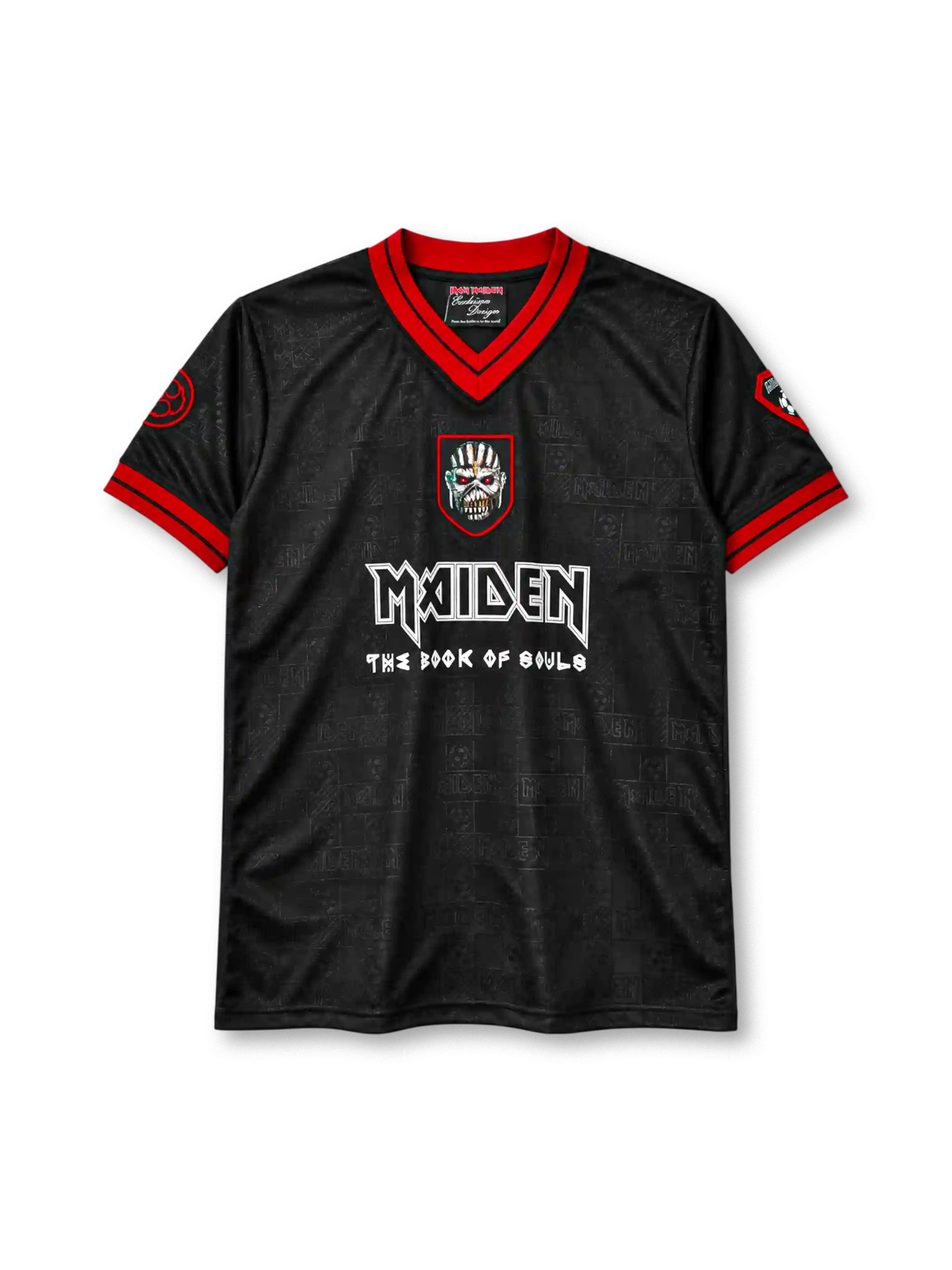 Iron Maiden football-style jersey in black with Book of Souls Eddie crest and red trim