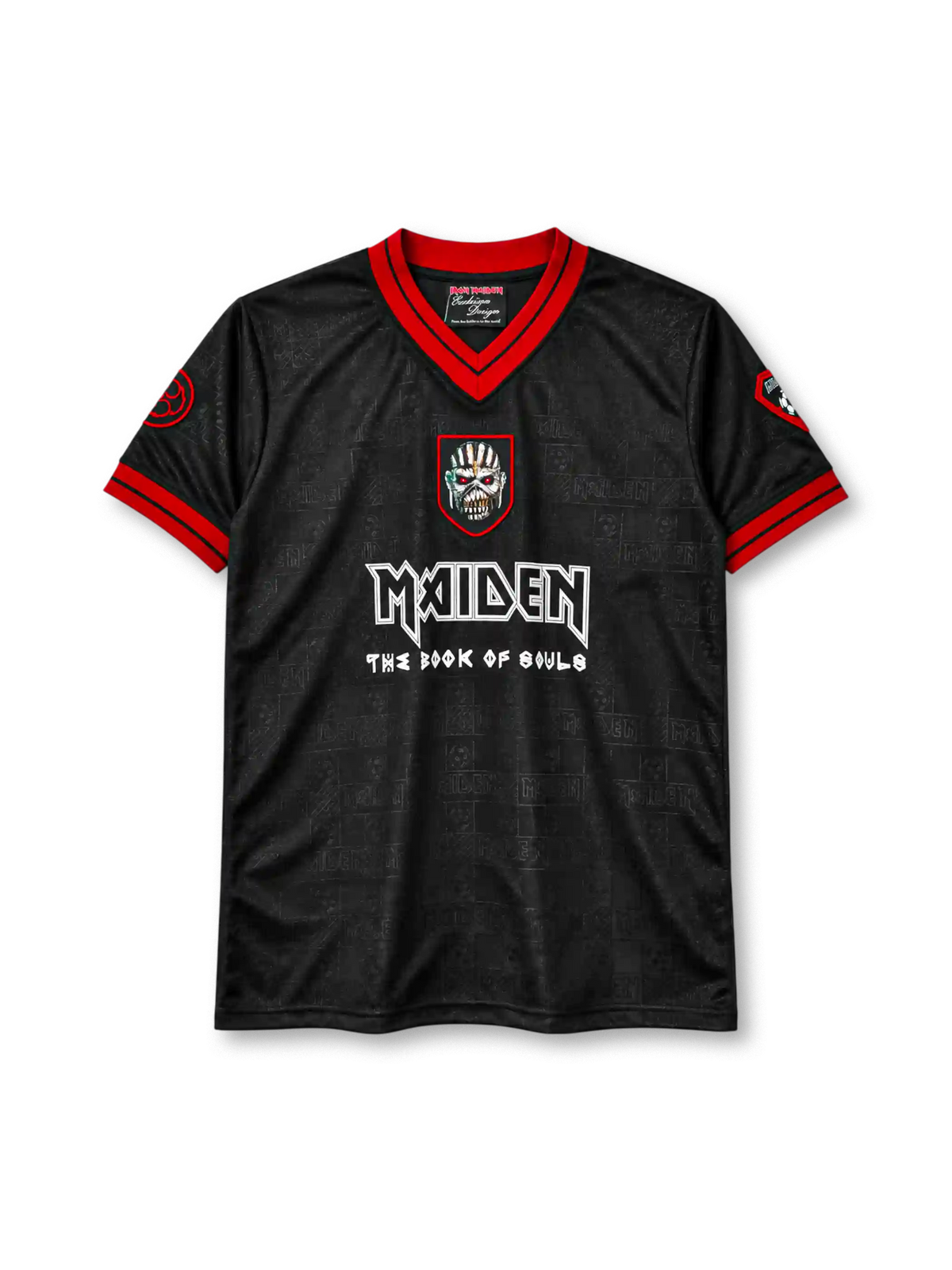 Iron Maiden football-style jersey in black with Book of Souls Eddie crest and red trim