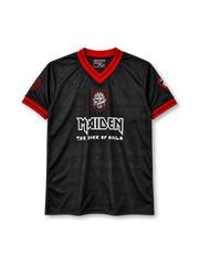 Iron Maiden football-style jersey in black with Book of Souls Eddie crest and red trim