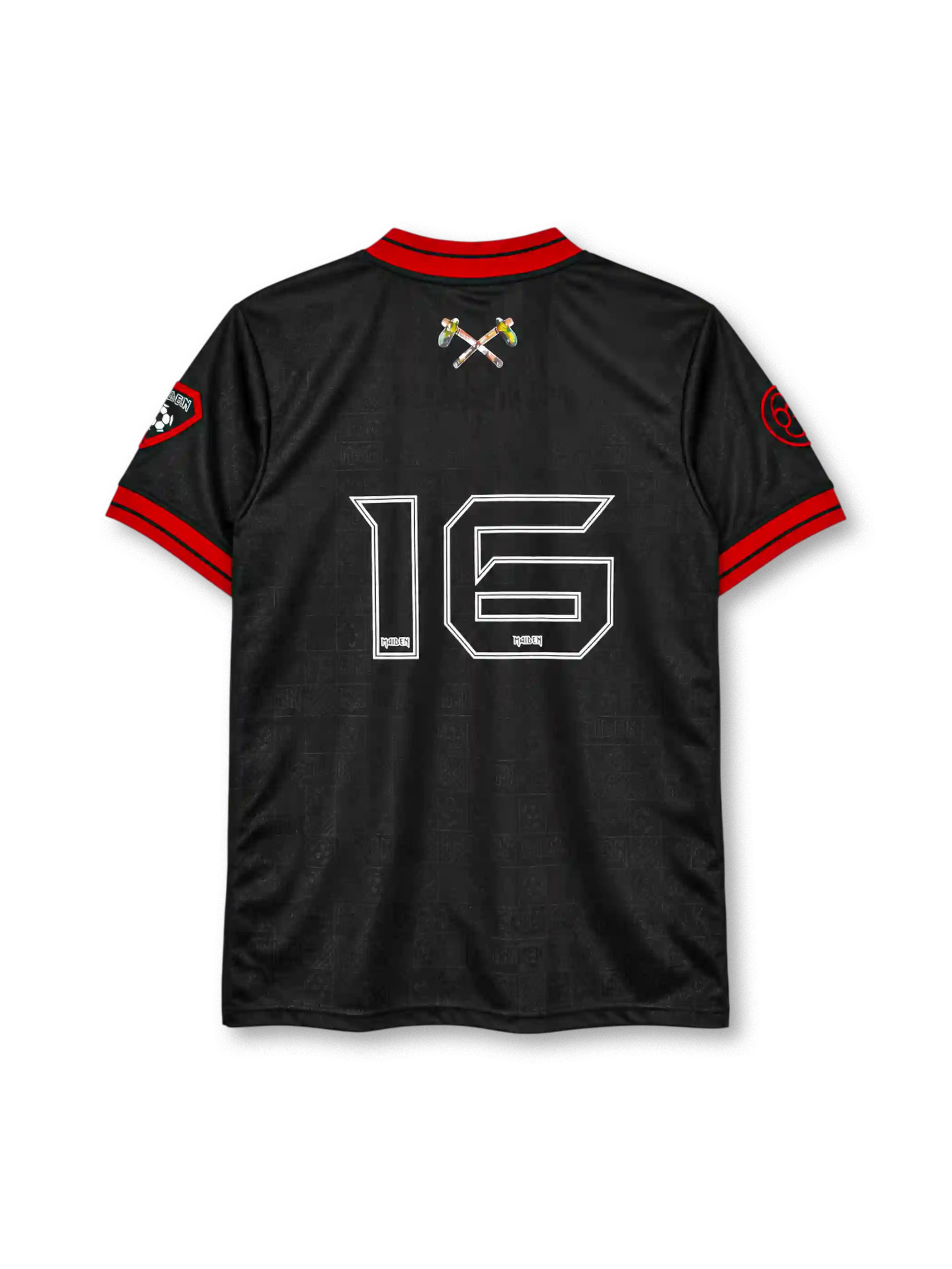 Iron Maiden football-style jersey in black with Book of Souls Eddie crest and red trim