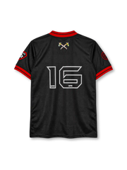 Iron Maiden football-style jersey in black with Book of Souls Eddie crest and red trim
