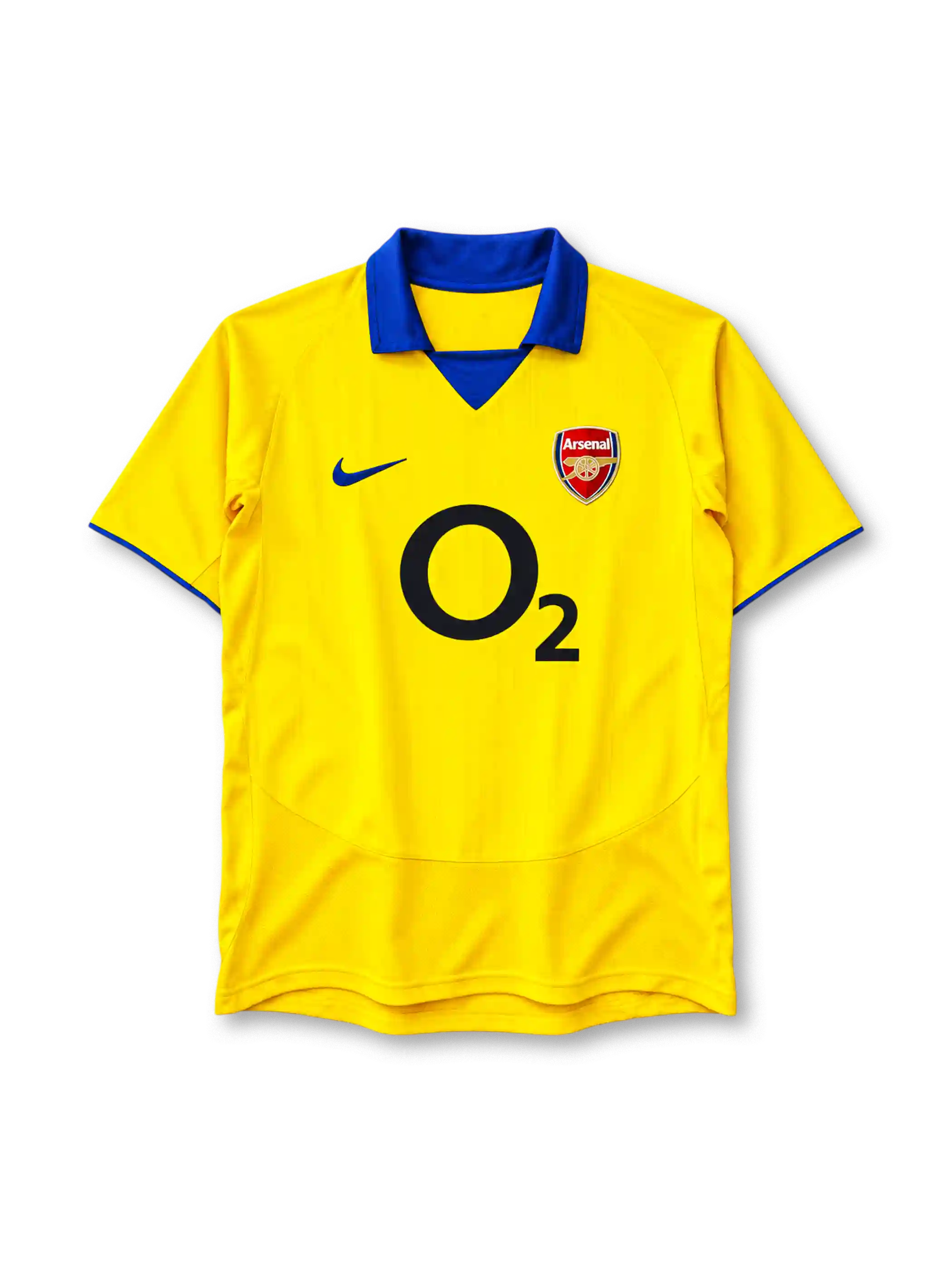 Arsenal 2003-04 away jersey in yellow with blue collar and O2 sponsor logo