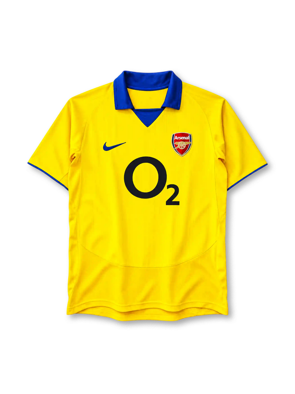 Arsenal 2003-04 away jersey in yellow with blue collar and O2 sponsor logo